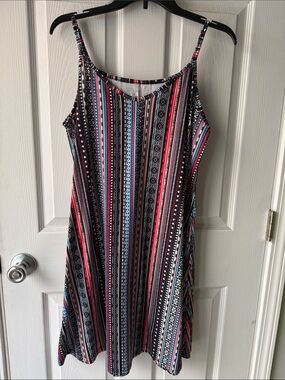 Sleeveless Midi Dress in Black and Pink Stripe Print